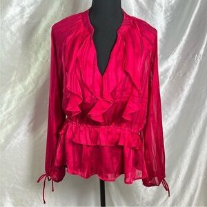 Romantic Red Ruffle Semi-Sheer Blouse – Bold Statement Top | Size Large